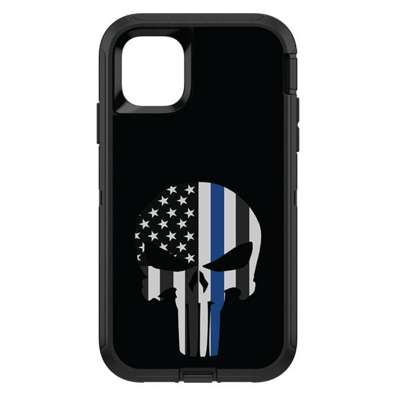 DistinctInk Custom SKIN / DECAL compatible with OtterBox Defender for iPhone 11 Pro (5.8" Screen) - Thin Blue Line Skull - Show Your Support for First Responders