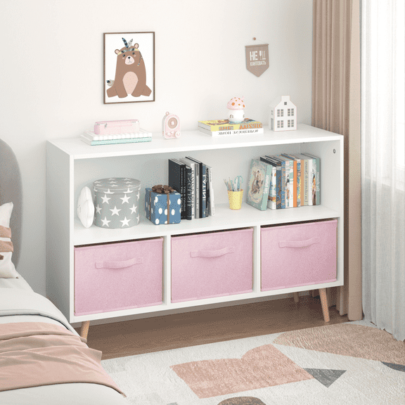 Zateety Kids bookcase with Collapsible Fabric Drawers, Children's Book Display, Toy Storage Cabinet Organizer, White/Blue