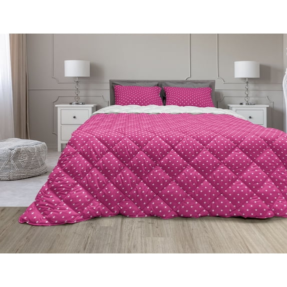 Hot Pink Comforter & Sham Bedding Set, Symmetrical Pattern with White Stars Girlish Pattern Retro Party Tile, 3 pcs Duvet Set Microfiber Filling Quilt, 5 Sizes, Hot Pink White, by Ambesonne