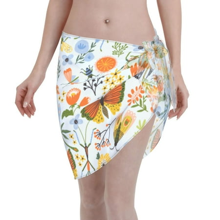 Qekee Insects and Flowers Women s Short Sarongs Cover Ups Sheer Bikini Wraps for Swimwear
