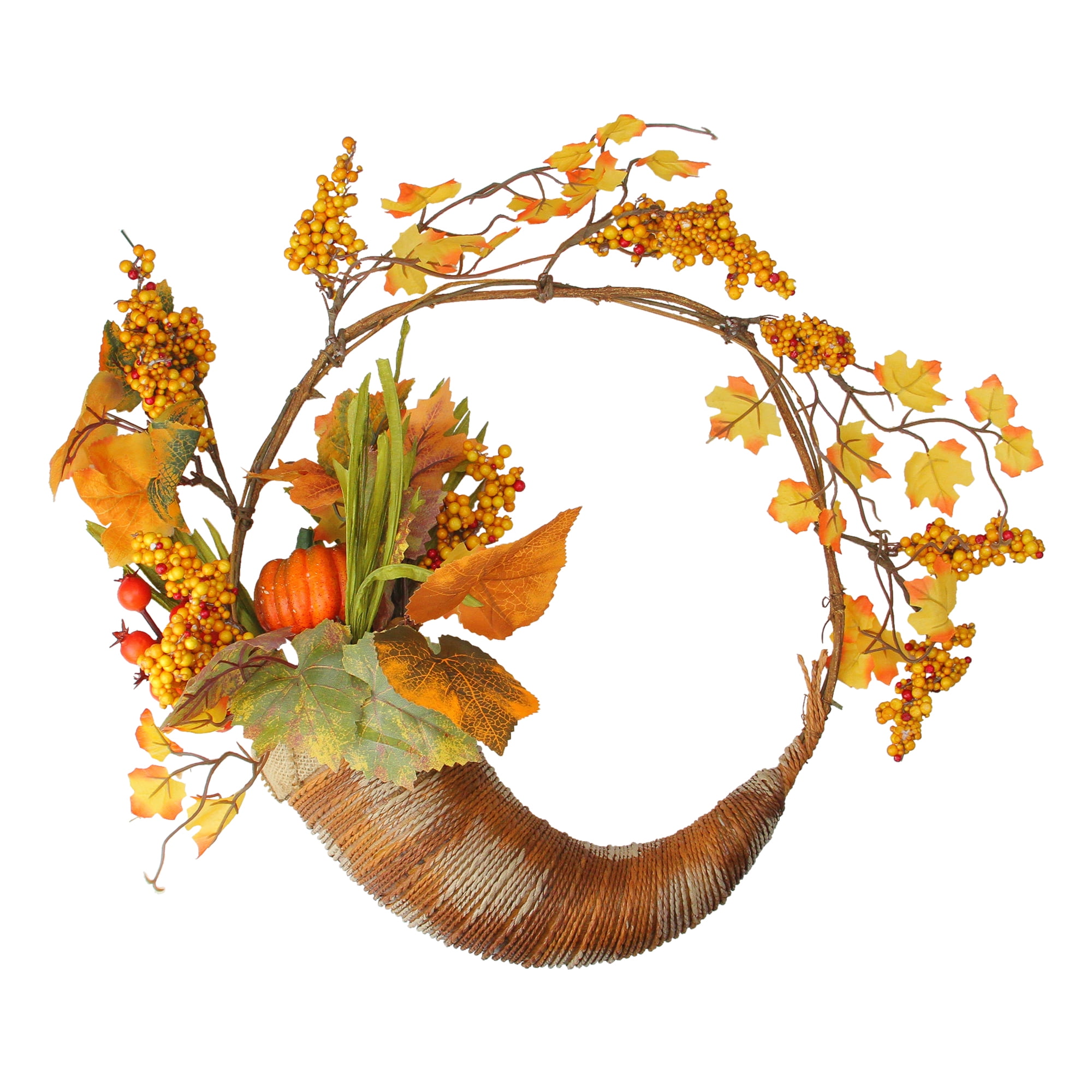 Fall Leaves, Berries and Pumpkins Artificial Thanksgiving Cornucopia Wreath - 18-Inch, Unlit