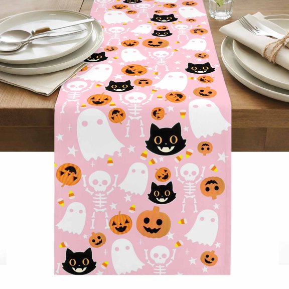 Halloween Pink Table Runner - 90 Inch Long, Kitchen Dining Table Runner Dresser Scarves, Black White Ghost Orange Skull Pumpkin Farmhouse Decor for Coffee Tables Wedding Party Banquet