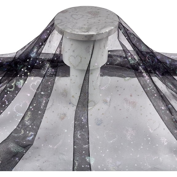 2.1 Yards Colorful Heart Glitter Black Tulle Fabric 63.8 inch Shiny Heart and Star Polyester Sheer Mesh Sewing Fabric