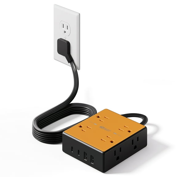 8 Outlet Surge Protector with 4 USB Ports (2 USB C and 2USB A), Orange and Black