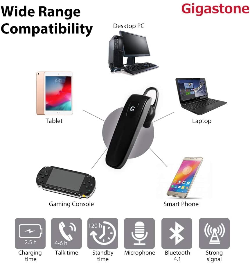 Gigastone D1 Bluetooth Earpiece, Wireless Handsfree Headset with Microphone, 2 Pack