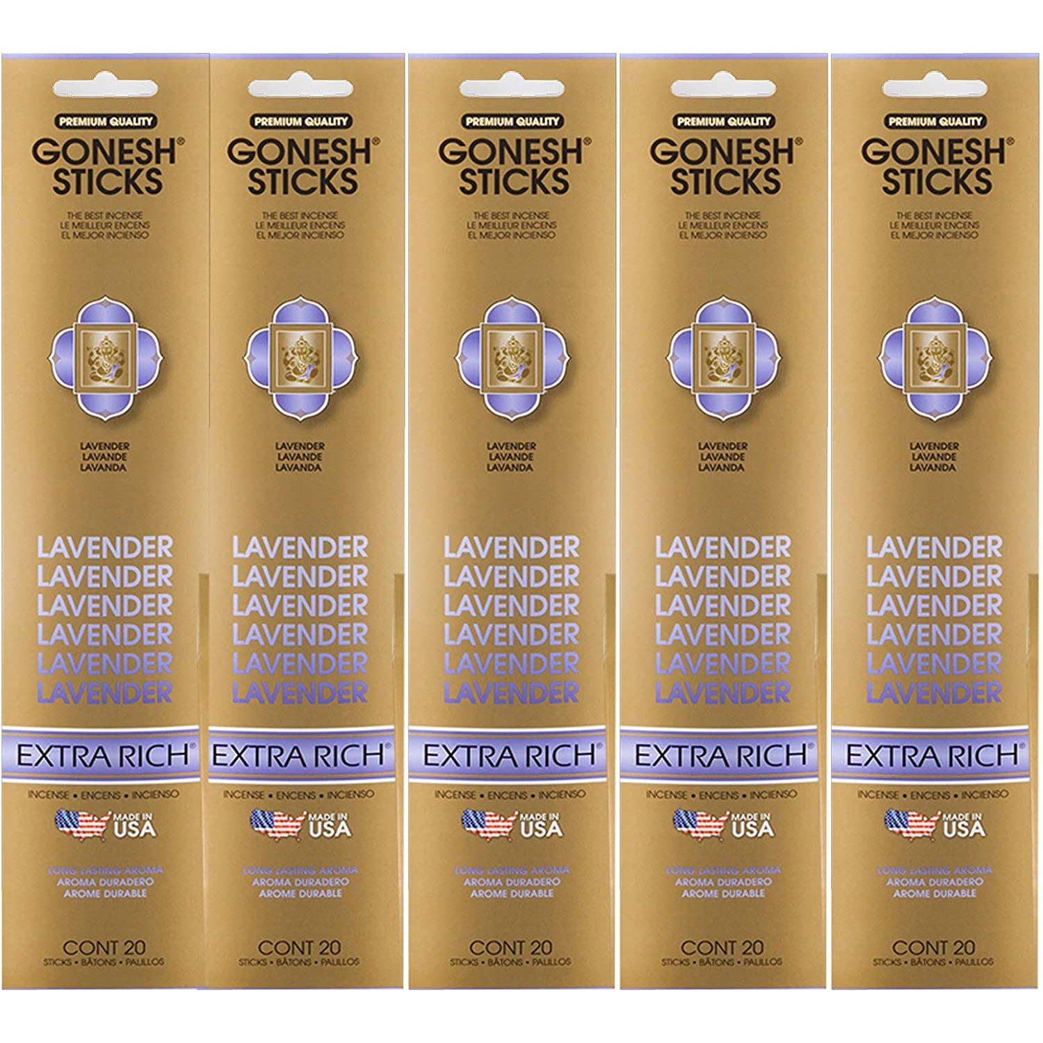 Gonesh Incense Sticks Extra Rich Collection Lavender 5 Packs (100