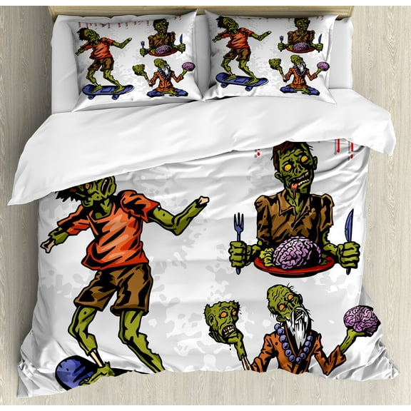 Zombie Duvet Cover Set, Dead Man Eating Brain Cannibal Meditating Skate Boarding Graphic Pattern, Decorative 3 Piece Bedding Set with 2 Pillow Shams, Calking Size, Olive Green Red Dust, by Ambesonne