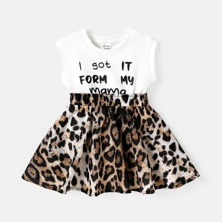 

PatPat Baby Girl Cotton Cap-sleeve Letter & Leopard Print Spliced Dress