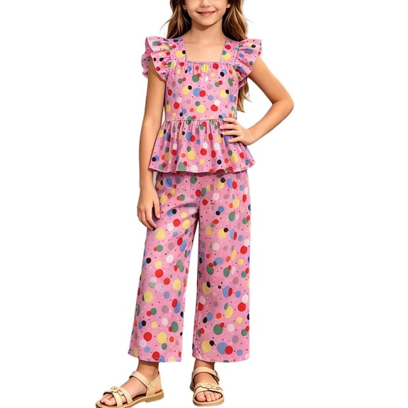 ATOGUTA Girls Clothes Ruffle Short Sleeves Crewneck Tops and Wide Leg Pants Cute Summer 2 Pieces Short Sets Size 2T-11, Multicolor
