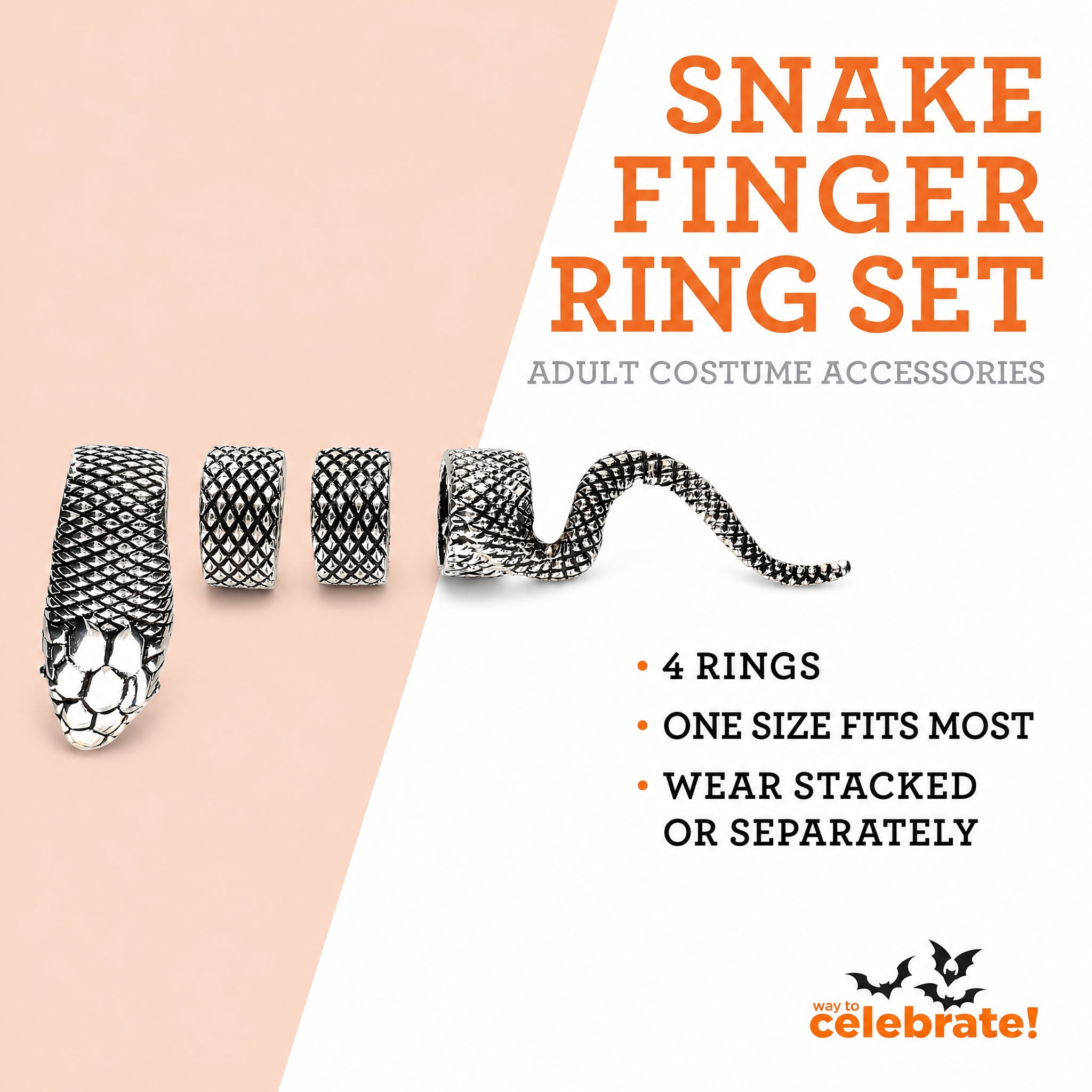 Snake Finger Ring Set Costume Accessory for Adults, Silver, Halloween by Way To Celebrate