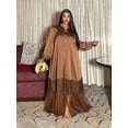 thumbnail image 3 of Brown Plus Size Women Casual Vacation A-Line Dress With Button Front, Lace Hem & Mesh Splice, 3 of 5