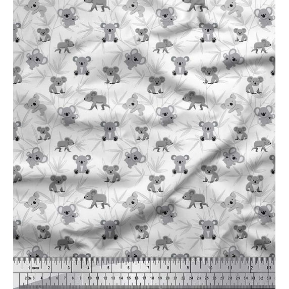 Soimoi White Rayon Fabric Teddy Bear & Leaves Kids Print Fabric by the Yard 42 Inch Wide
