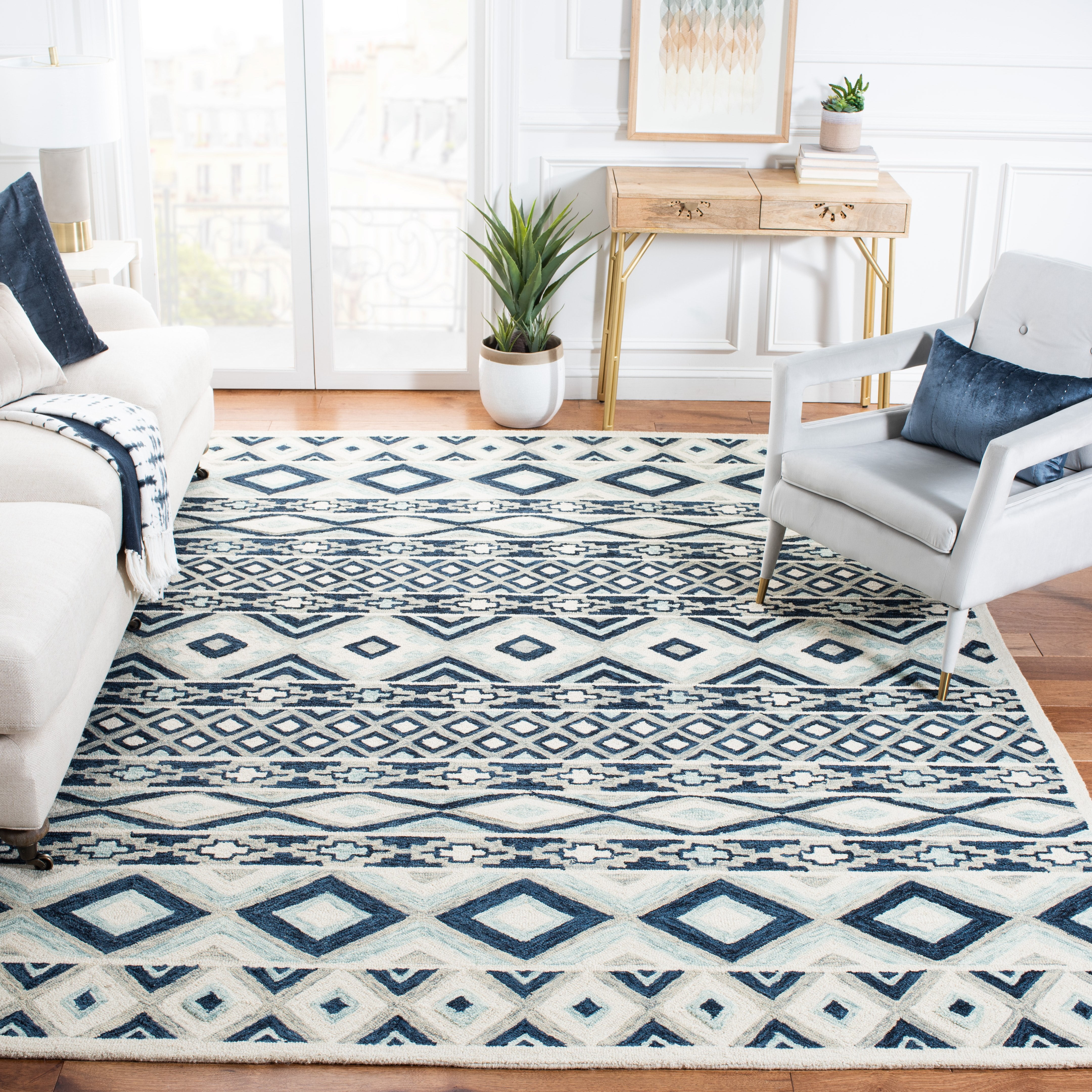 SAFAVIEH Roslyn Lena Geometric Area Rug, Blue/White, 9' x 12'