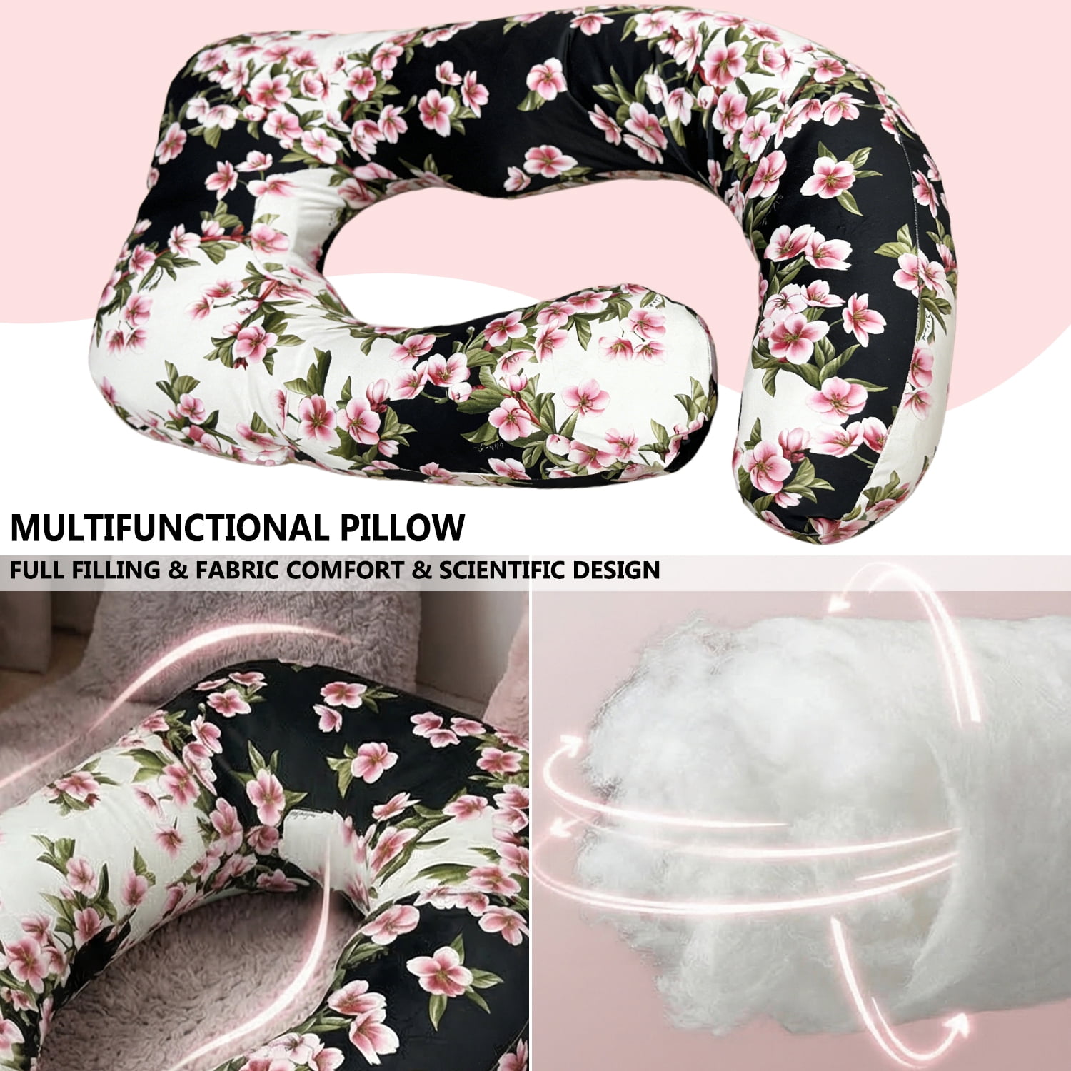 Extra Large J-Shaped Pregnancy Pillow, Black Floral - Ultimate Body Support for Side Sleepers & Maternity Relief