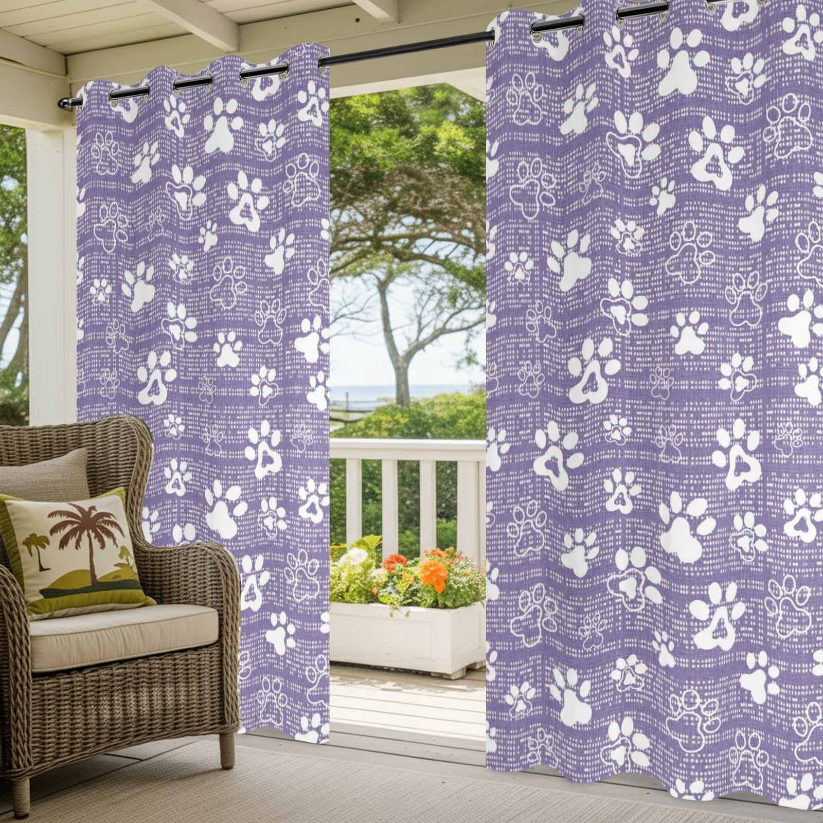 Purple Paw Print Outdoor Curtains for Patio, Modern Classic Purple White Animal Large Paw Pattern Plaid Sunshade Privacy Drapes Grommet Waterproof Outside Curtains for Porch Balcony 54"x108", 1 Panel