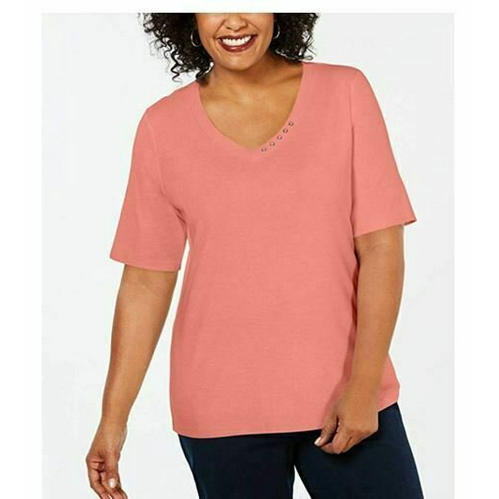 Karen Scott Karen Scott Sports Womens Plus Elbow Sleeve V Neck Shirts