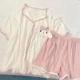 thumbnail image 2 of Pyjama d'Été pour Femmes Style Coréen, Manches Courtes, Design Nœud Brodé, Coupe Ample et Douce pour la Maison, 2 of 5
