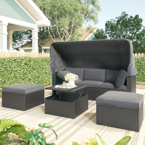 Patio Sectional Daybed, Outdoor Wicker Furniture Set with Retractable Canopy, Sectional Sofa Set w/Height Adjustable Table & Cushions for Patio Deck Poolside Garden Backyard