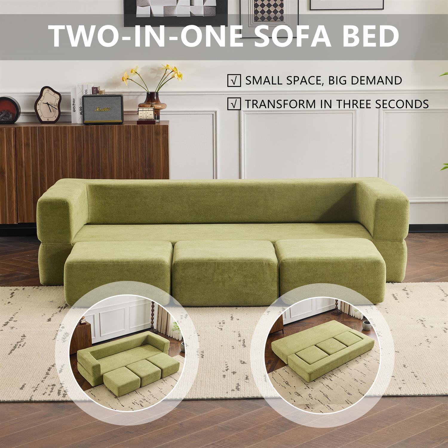 Demi Bonn Convertible Sectional Sofa with 3 Storage Ottomans, Space-Saving Chenille Couch, High-Resilience Foam for Studio Apartments & Home Offices, Green