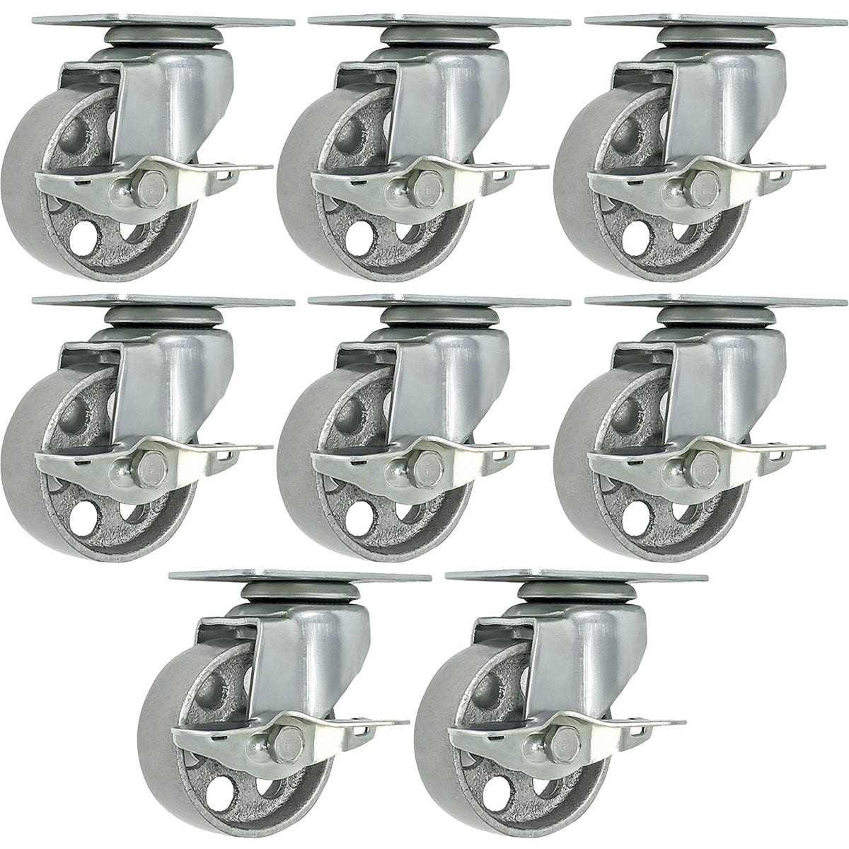Set of 8 All Steel Swivel Plate Casters and 4 with Brake Lock 3" Wheel 