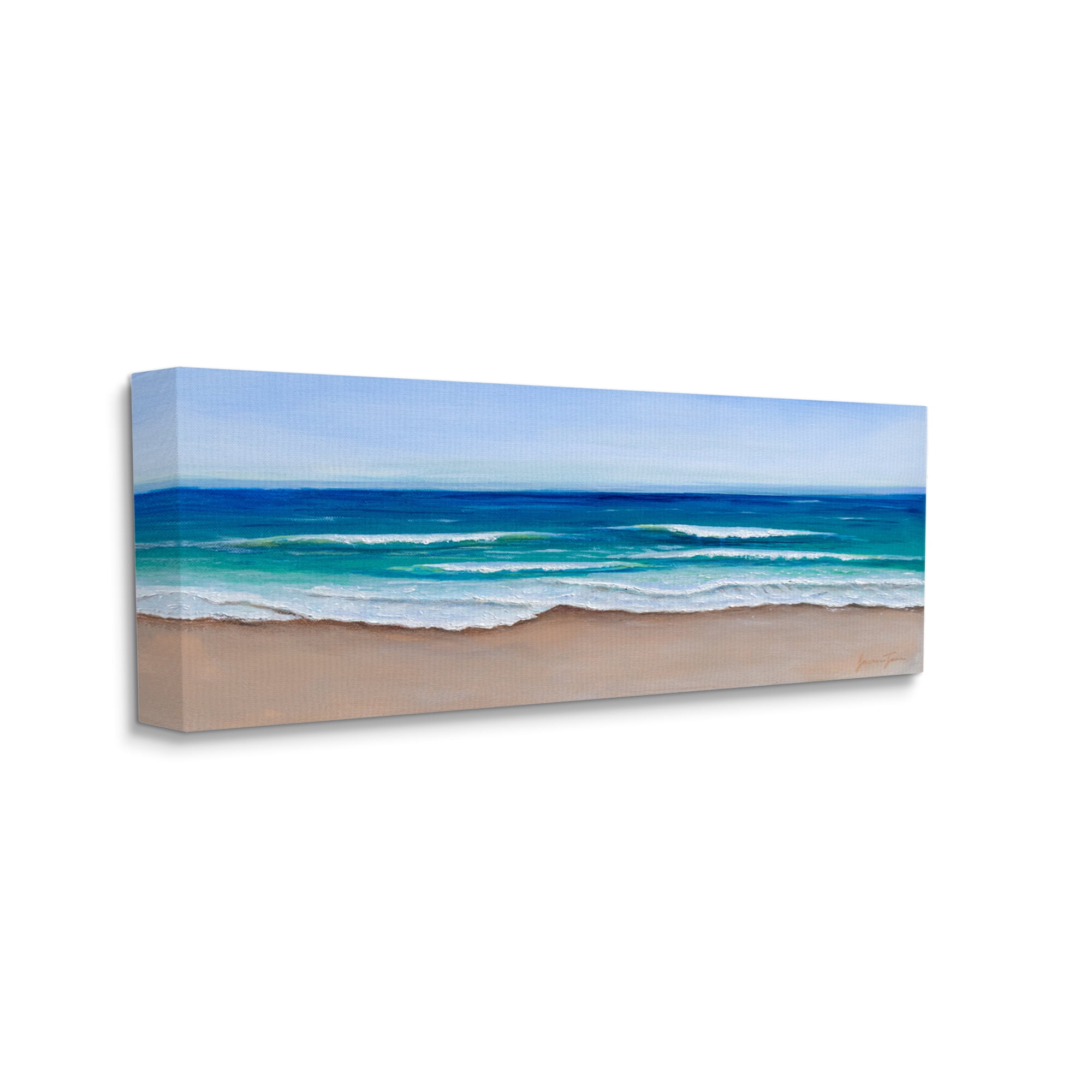 Stupell Industries Vibrant Blue Beach Coast Ocean Shoreline Panoramic Painting, 30 x 13, Design by Lauren Jane