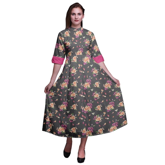 Bimba Robe-Chemise Mi-Mollet pour Femmes à Manches Roulées à Imprimé Floral Boutonnée - Xxx-Grand