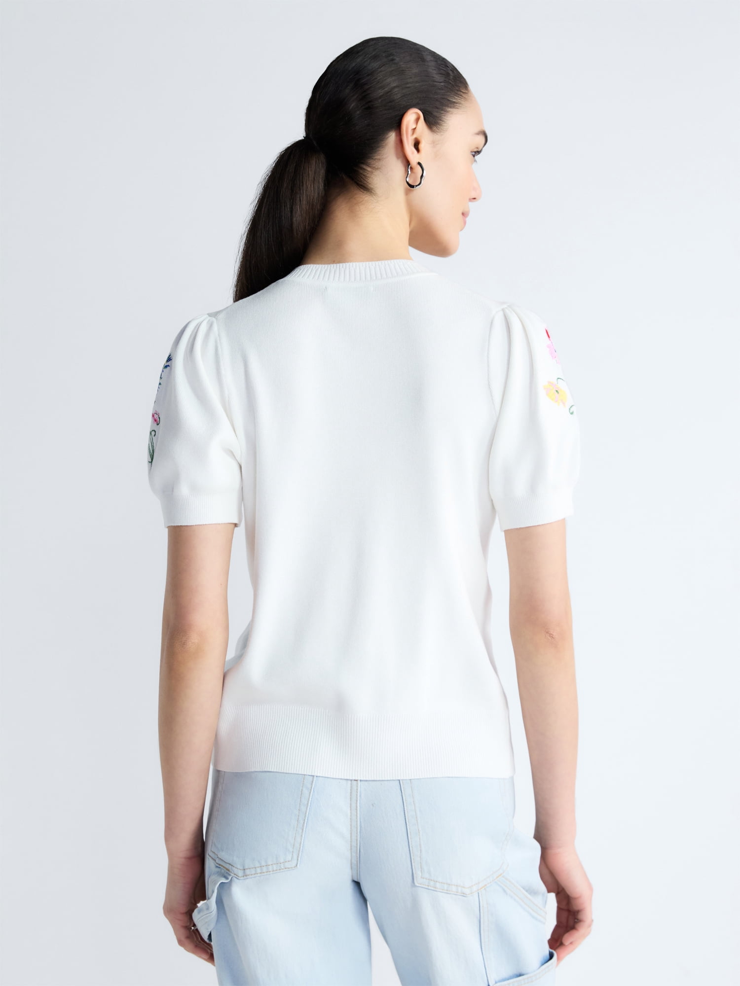 Free Assembly Women's and Women's Plus Embroidered Cardigan Sweater with Puff Sleeves, Lightweight, Sizes XS-4X
