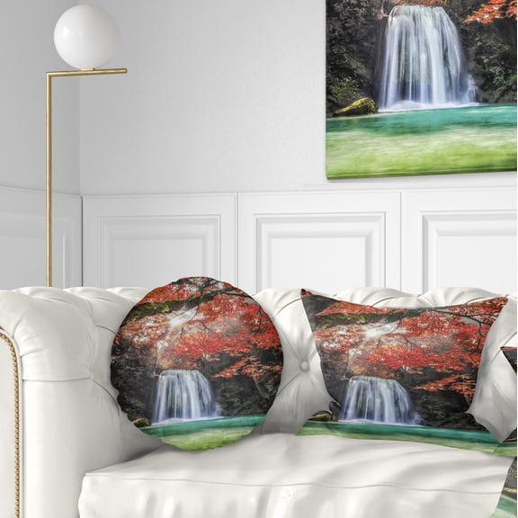 Designart Erawan Waterfall - Photography Throw Pillow - 12x20