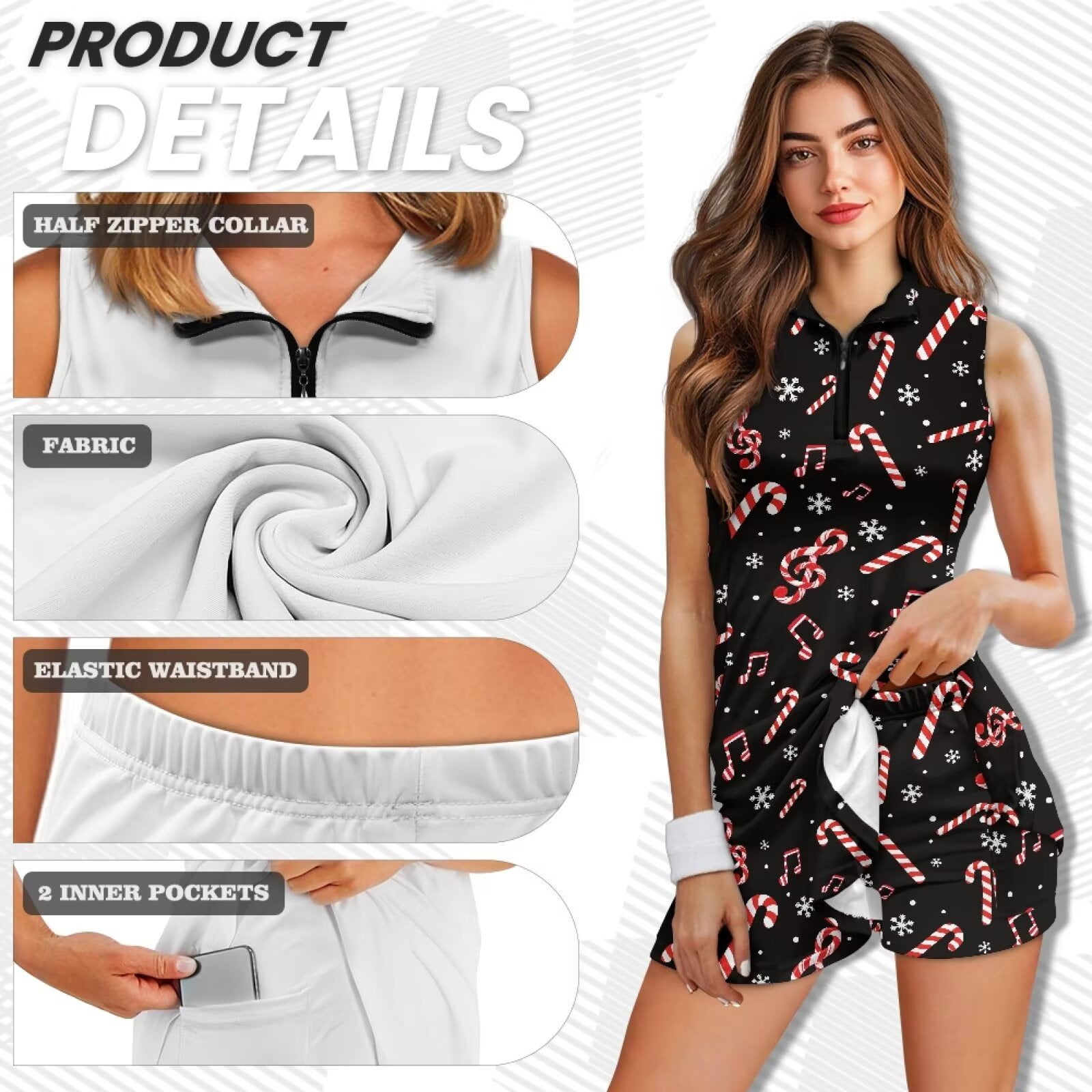 Yuyamidu Candy Canes Tennis Dress Music Note Golf Dresses Built-in Shorts with Pockets for Women, Christmas Womens Athletic Dress Sportswear Size 2XL