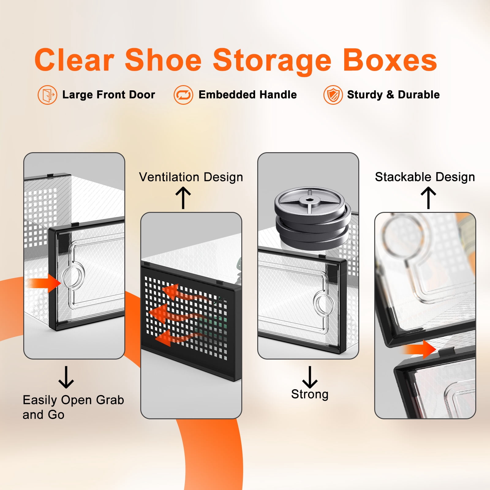 JakMean XX-Large Shoe Storage Boxes Fit Size 12, 18 Pack Stackable Shoe Storage Organizers, Clear Shoe Boxes for Entryway,Closet