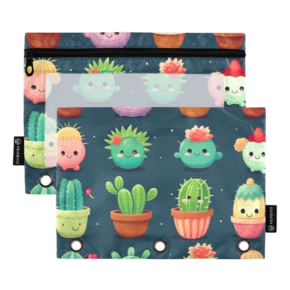 2 Pack Pencil Pouch for 3 Ring Binder Zipper Pencil Case Cute Cactus Clear Window Pencil Bag Organizers