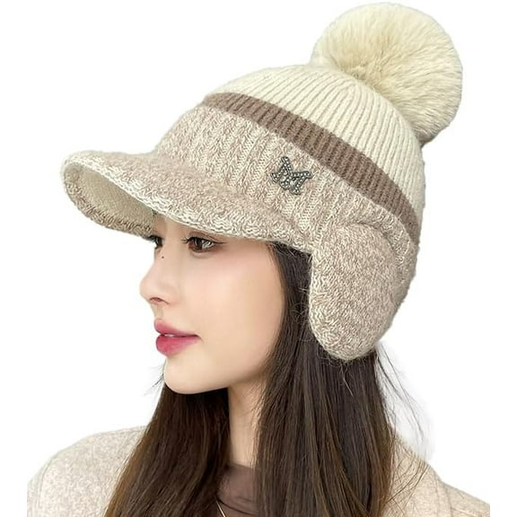 Winter Knitted Baseball Cap for Women Furry Knit Warm Hat with Ear Flaps Windproof 3-in-1 Baseball Cap