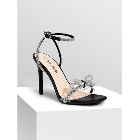 Women Heeled Sandals Bowknots Crystal Decor Square Toe Rhinestone Ankle Strap Fashion Shoes for Autumn Party Wedding Prom 2026