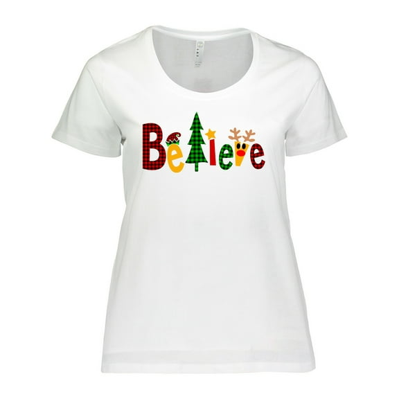 Inktastic Believe Plaid Christmas Tree and Reindeer Women's Plus Size T-Shirt