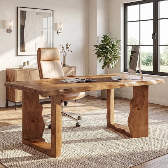 TRIBEWOOD 63" Solid Wood Executive Desk, Farmhouse Computer Office Desk with Live Edge