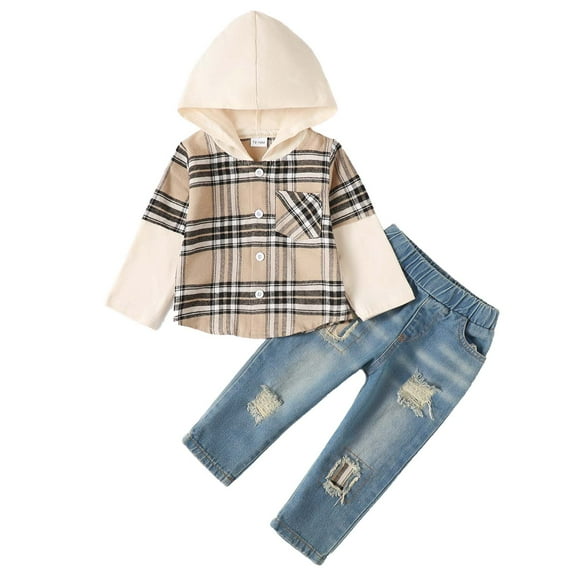 Kucnuzki 3T Toddler Boys Outfits 4T Toddler Boys Plaid Print Long Sleeves Hooded Shirt Top Ripped Denim Pants 2pcs Baby Boys Pant Sets Fall Winter Apricot