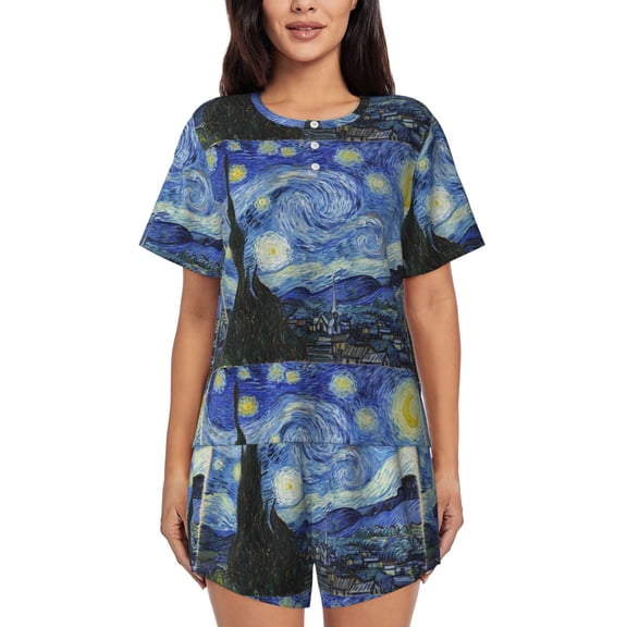 Logiee The Starry Night Print Womens Pajamas Set,Short-Sleeve Pajama 2 Piece Sleepwear with Pockets-Small
