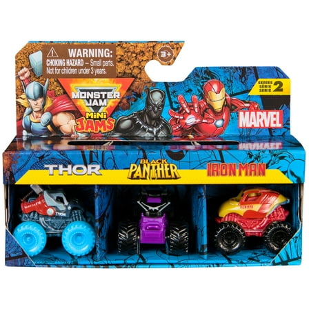 Monster Jam, Marvel Mini 1:87 Scale Monster Truck 3-Pack (Thor, Black Panther, Iron Man)