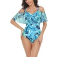 thumbnail image 3 of Lamuusaa Women Bikini Romper, Short Sleeve Off-Shoulder Floral / Leaf Print Swimming Summer, 3 of 9