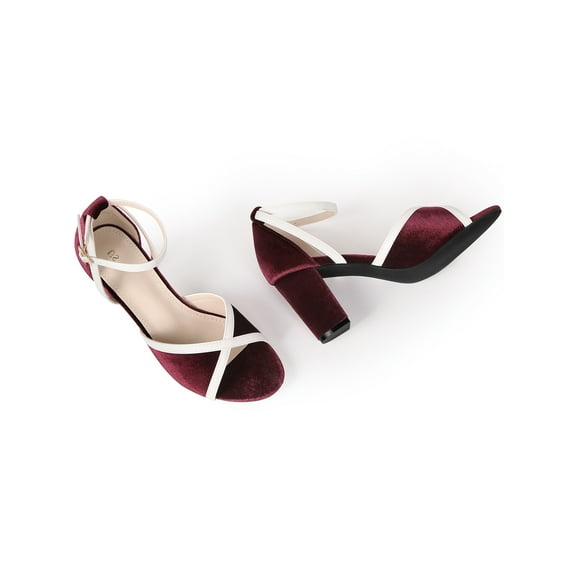 BLISSFUL STEP Velvet Colorblock Ankle Strap Chunky Heel Sandals for Women Burgundy 6