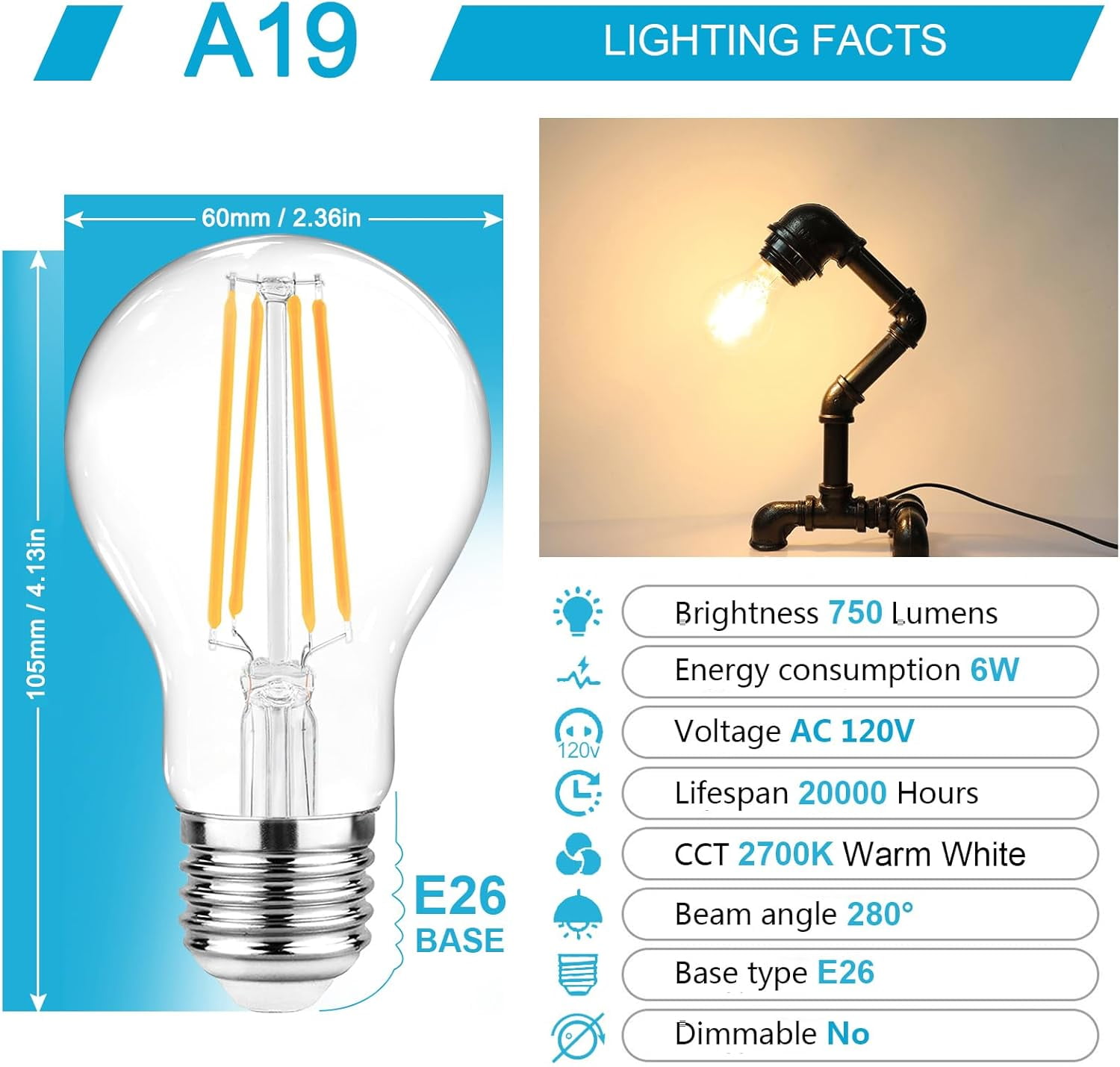 Ascher 60 Watt Equivalent, E26 LED Filament Light Bulbs, Warm White 2700K, Non-Dimmable, Classic Clear Glass, A19 Bulb with 80 CRI, Pack of 6