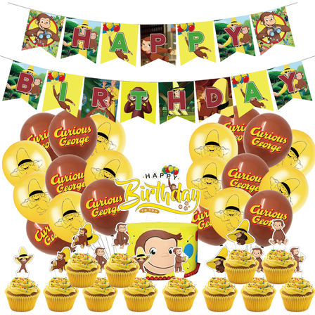 34 Pcs For Curious George Theme Birthday Party Decoration Set - Includes Happy Birthday Banner, Cake Topper, Cupcake Toppers, and Balloons for Kids’ Celebrations