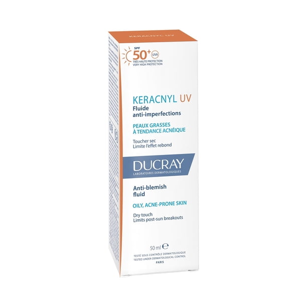 DUCRAY, Keracnyl UV Protector Solar Fluido, FPS 50+, Anti-imperfecciones, Control de Brillo y Prevención de Rebote, 50ml