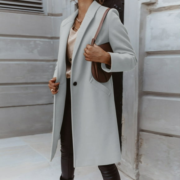 Dyfzdhu Wool Coats for Women Elegant Long Sleeve Solid Color Woolen Blazer Long Trench Coat Fall Winter Grey