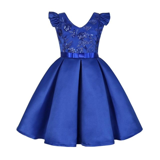 MIASHUI Robe Style Court Sans Manches Imprimée pour Tout-Petites Filles Tenue de Fête Vacances Formelle pour Enfants Bleu, 9-10 Ans