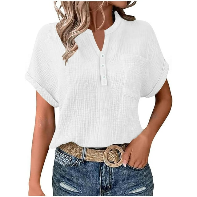 Kyusrd Summer Tops for Women Woman Fashion Solid Color Button Short Sleeve V-Neck Pocket Blouse Top