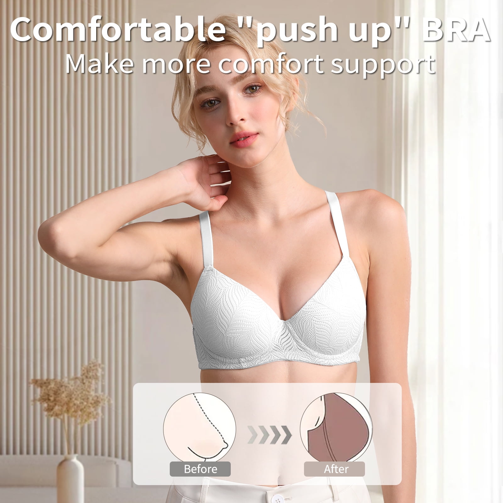 6PC Pack Women Push Up Bra Everyday Underwear Comfortable Lingerie Bralette with Support Anti-Sag-Size90B/40B
