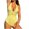 thumbnail image 2 of Swimsuits for Women Tummy Control High Cut Bathing Suit Ribbed V Neck Beach Swimwear Fashionable Solid Color Suspender Bikini, 2 of 7