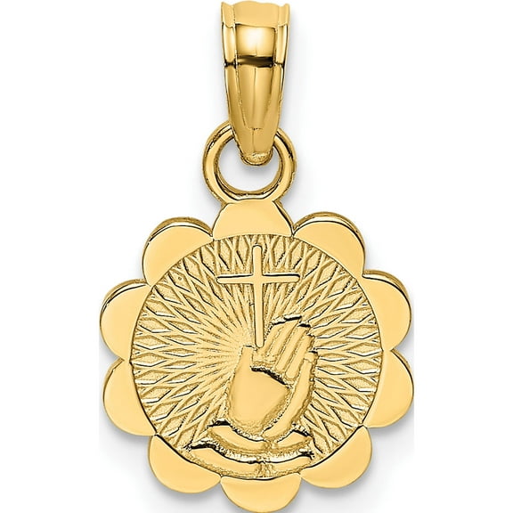 14K Yellow Gold Praying Hands And Cross On Scalloped Round Disk Charm Made In United States k8436