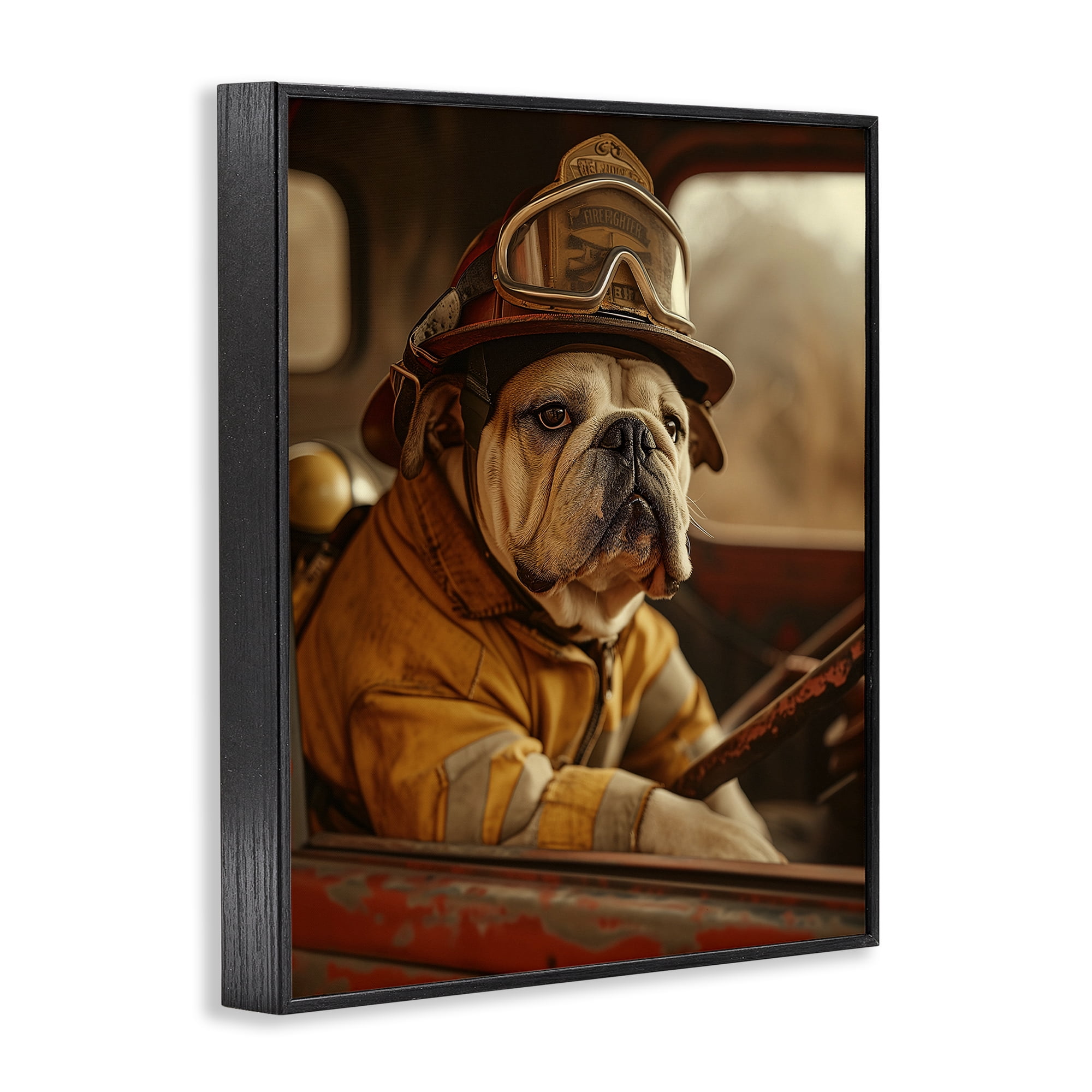 Stupell Industries Rustic Bulldog Fireman Novelty Painting Black Framed Art Print Wall Art, 24 x 30